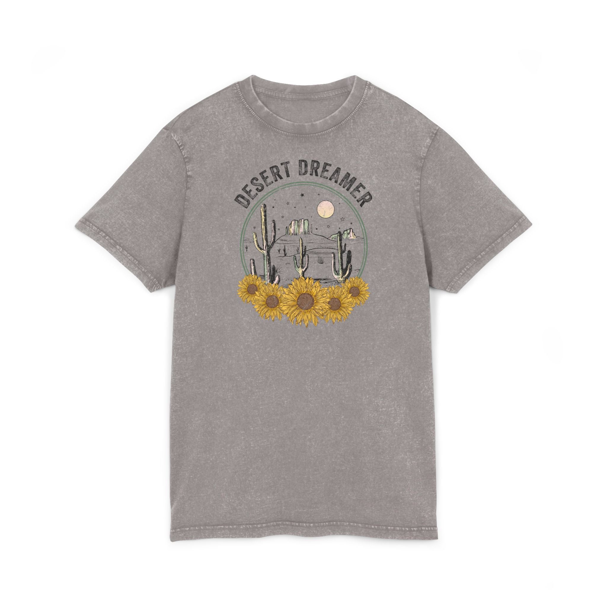 Desert Dreamer Acid Wash T-Shirt – Sonnenblumen- und Kaktusmotiv